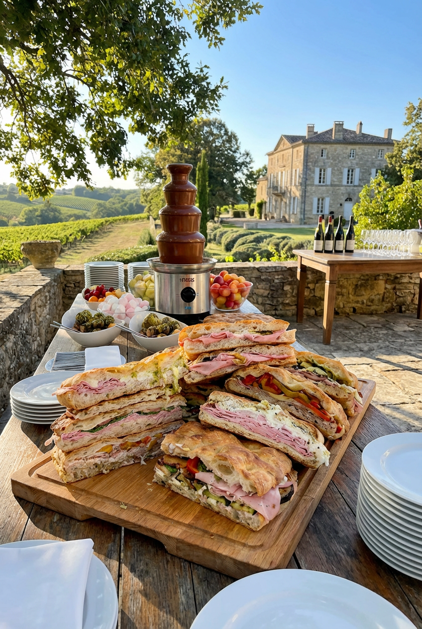 Buffet de schiacciatas et desserts en plein air, devant un domaine entouré de vignes
